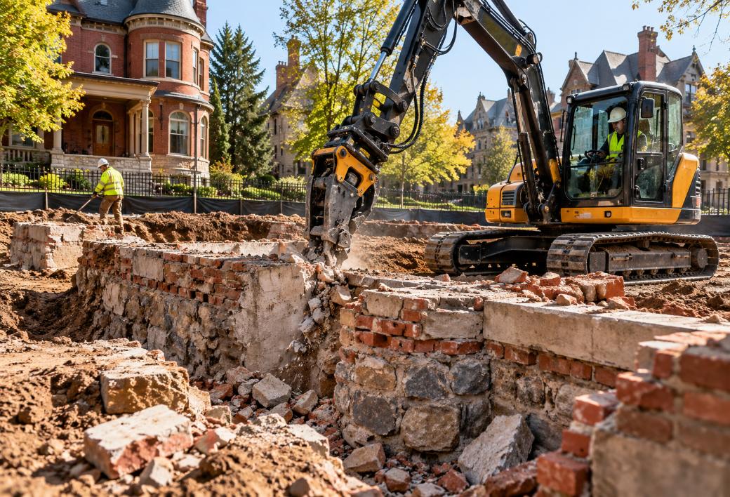 Excavator carefully removing a historic brick and stone foundation near Victorian homes in Toledo’s Old West End.