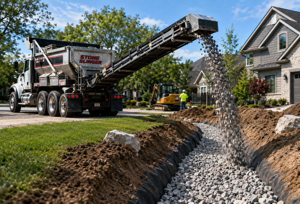 Stone slinger at work in suburbia