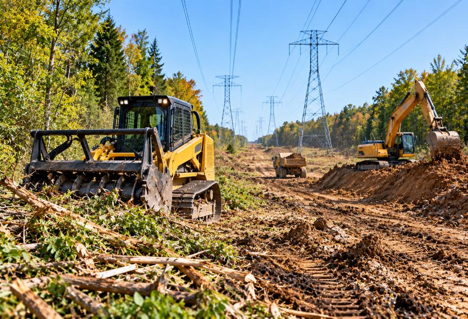 Heavy equipment clearing brush and moving earth beneath high-voltage power lines in a utility corridor in Monclova Township, Ohio.